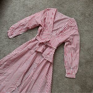 Red striped V-neck high low dramatic top with a tie waist